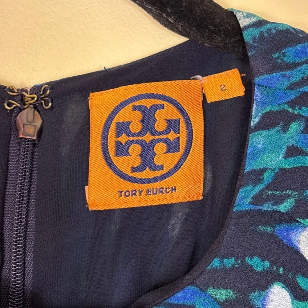 TORY BURCH 100% Silk Dress‎ Size 2 Blue Green Watercolor Short Sleeve Cocktail